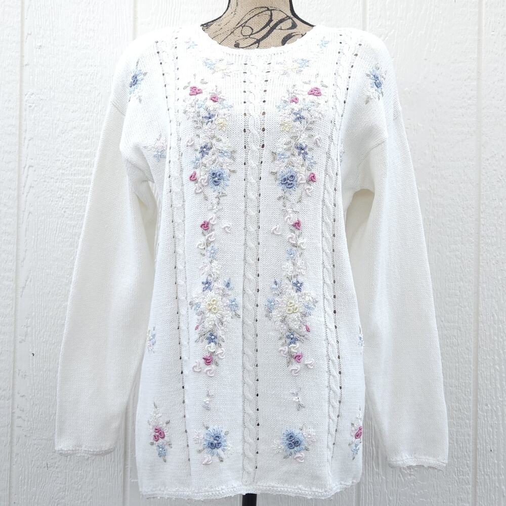 Vtg‎ Yarnworks Cable Knit Sweater L Ivory Embroidered Beaded Cottagecore Teacher
